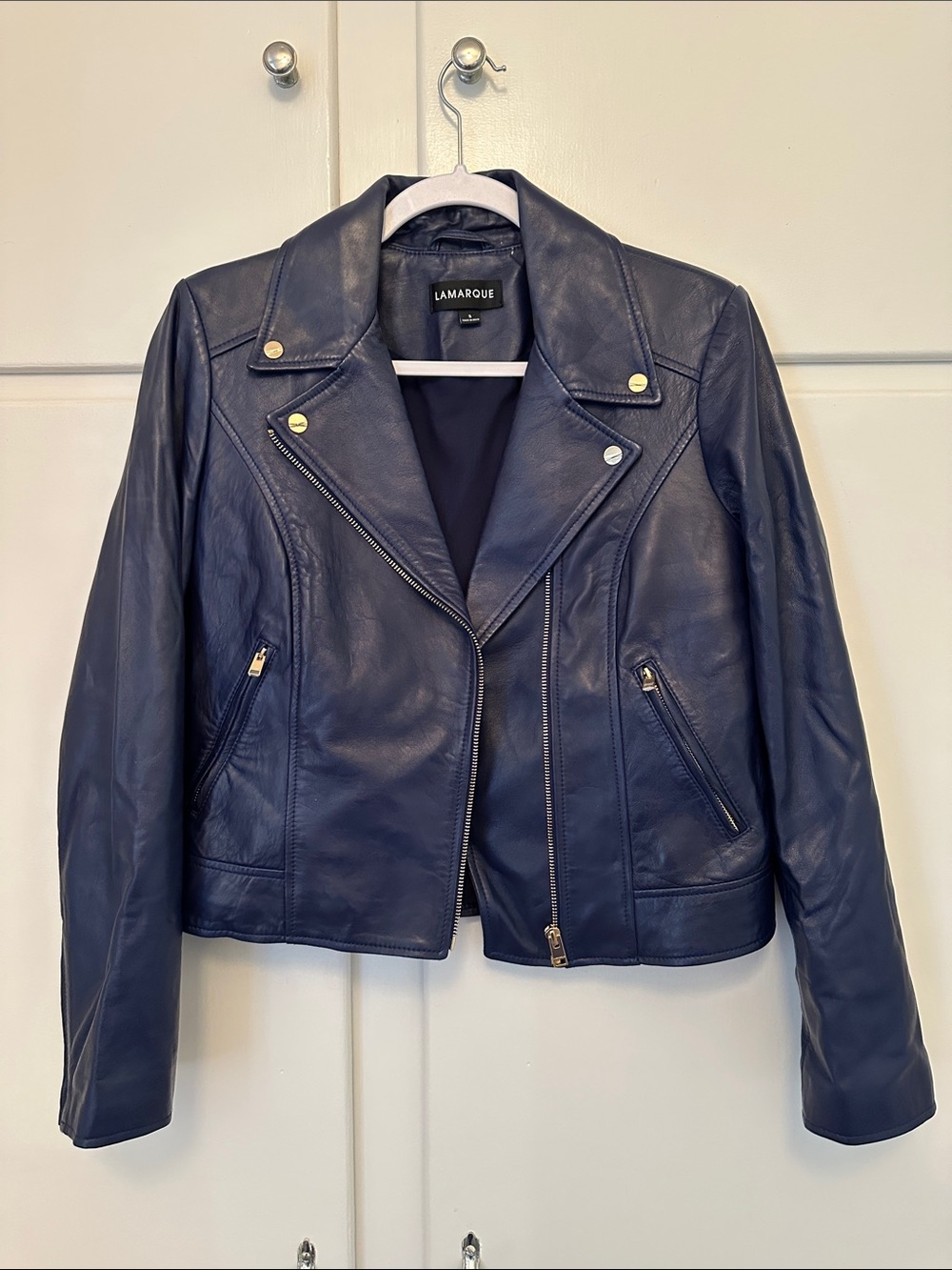 LIKE NEW Lamarque Navy Blue 100% Leather Motorcycle Jacket